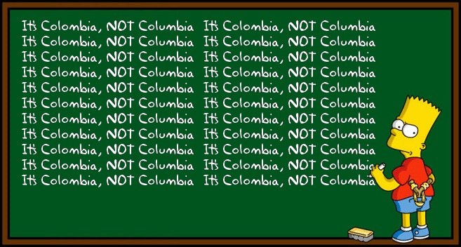 Bart Simpson writes countlessly on a green chalk board "it's Colombia not Columbia"