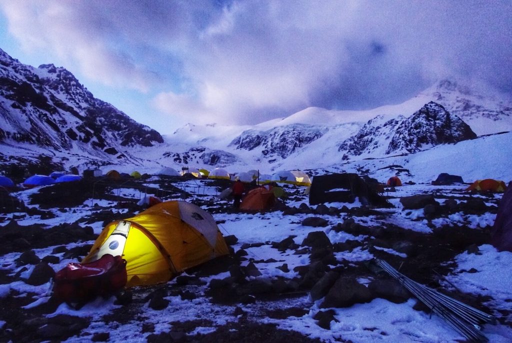 A picturesque stormy night at Plaza de Mulas on Aconcagua, Argentina