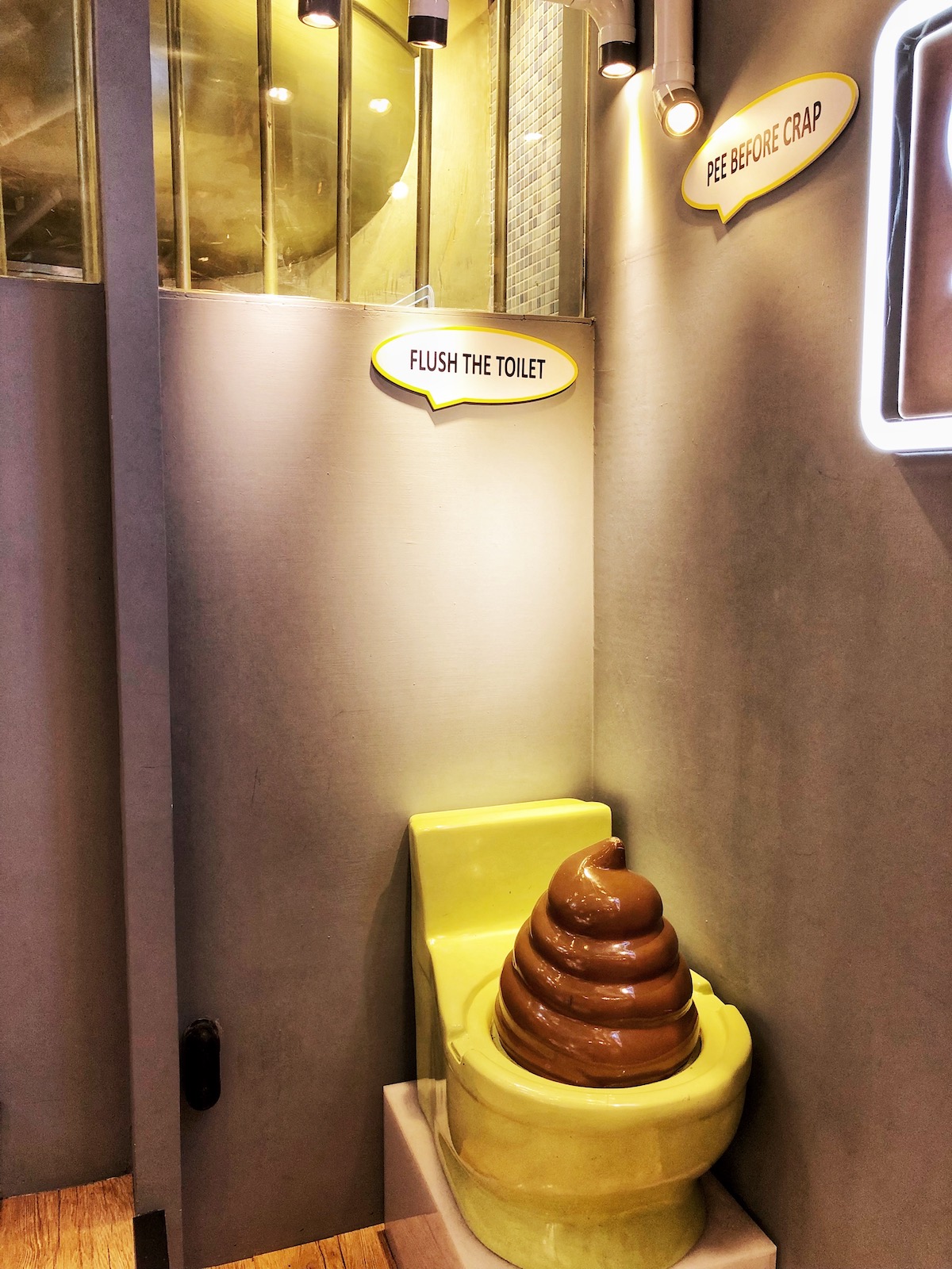 A plastic art of poo coming out of a toilet