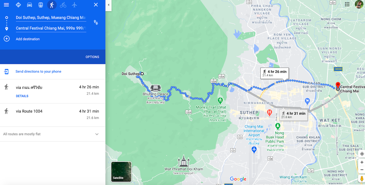 A map of a long walking route in northern Thailand.