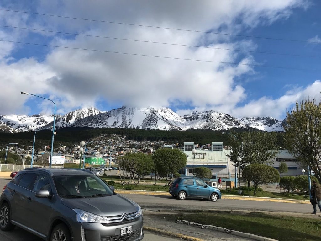 Cars pass in Ushuaia Town Centre in Argentinian Patagonia
