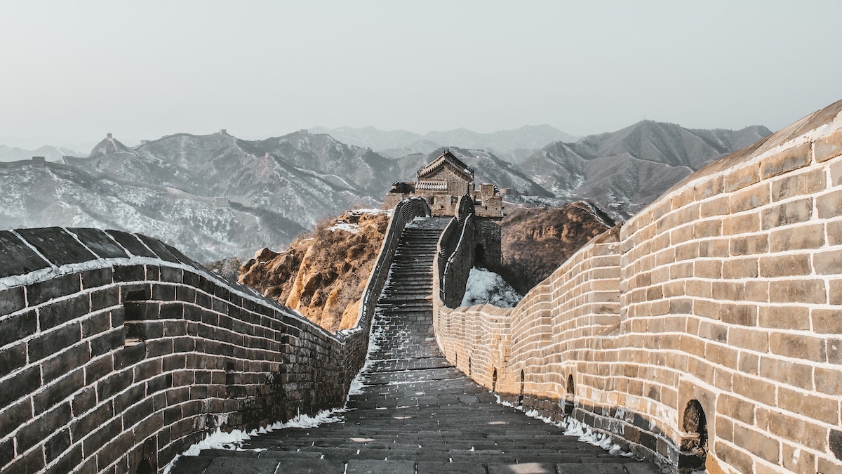 A snow-capped empty Great Wall of China.