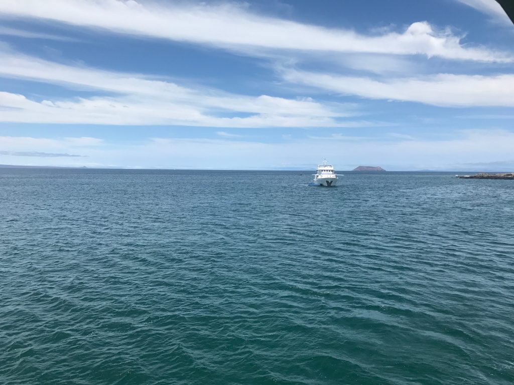 A cruise ship floats on the water in the Galapagos Islands 