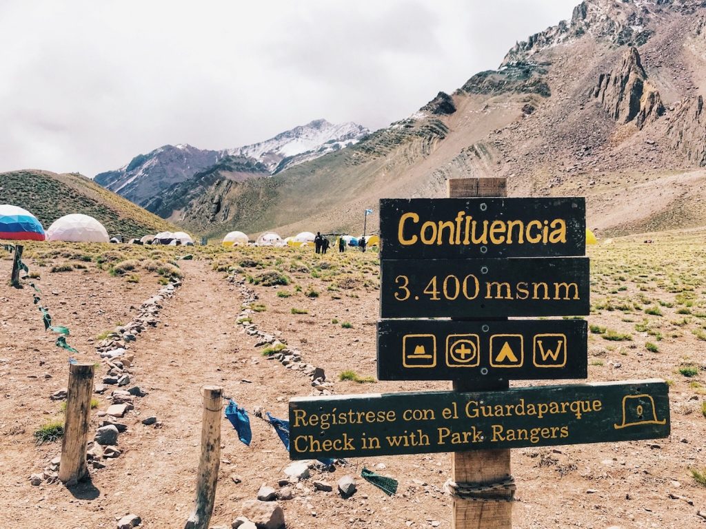 Camp Confluencia check-in Sign on Mount Aconcagua 