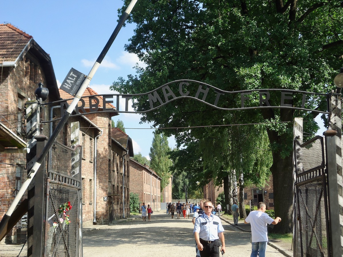 The famous "Arbeit Macht Frei" sign above the gates of Auschwitz.