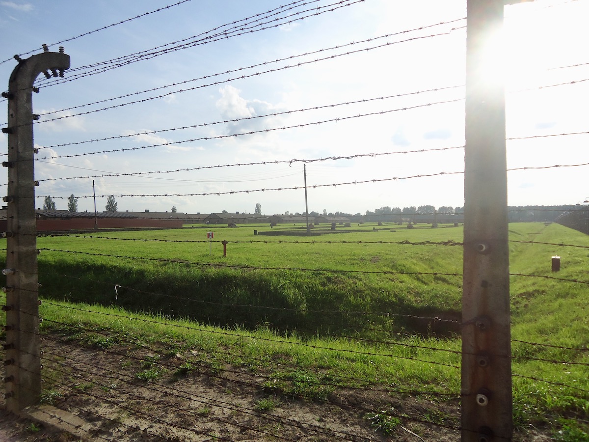 A view of Auschwitz Birkenau from behind the barbed wire. 