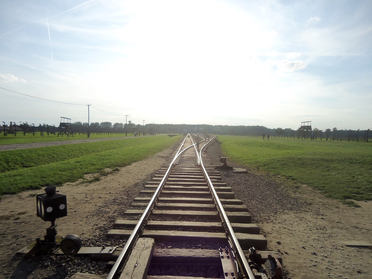 A long railway track with green on either side at Auschwitz Museum in Poland