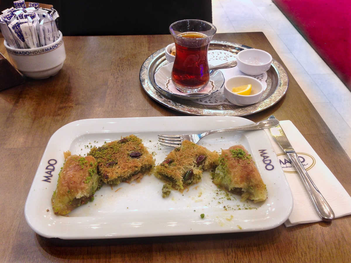 Turkish pastry treat, Baklava served with a Turkish cup of tea.