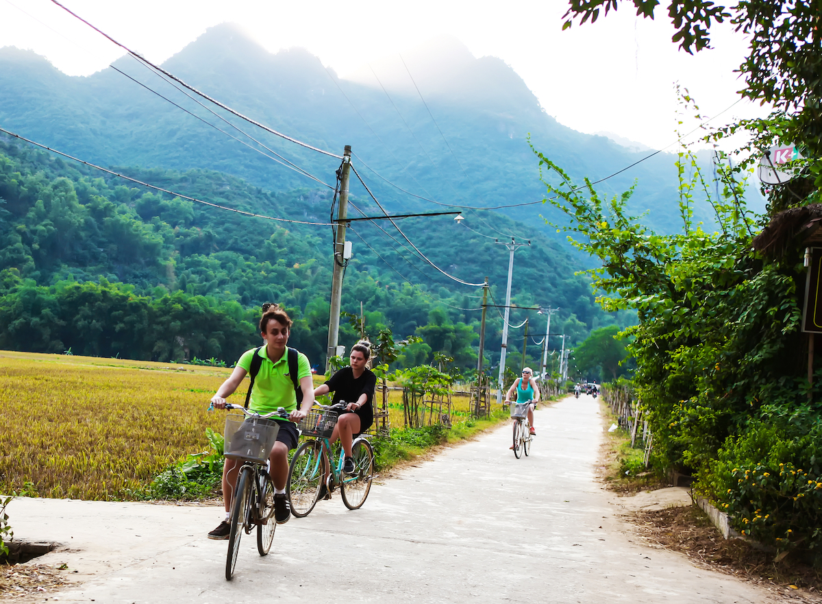 Tourists driving just outside Vientiane during the day