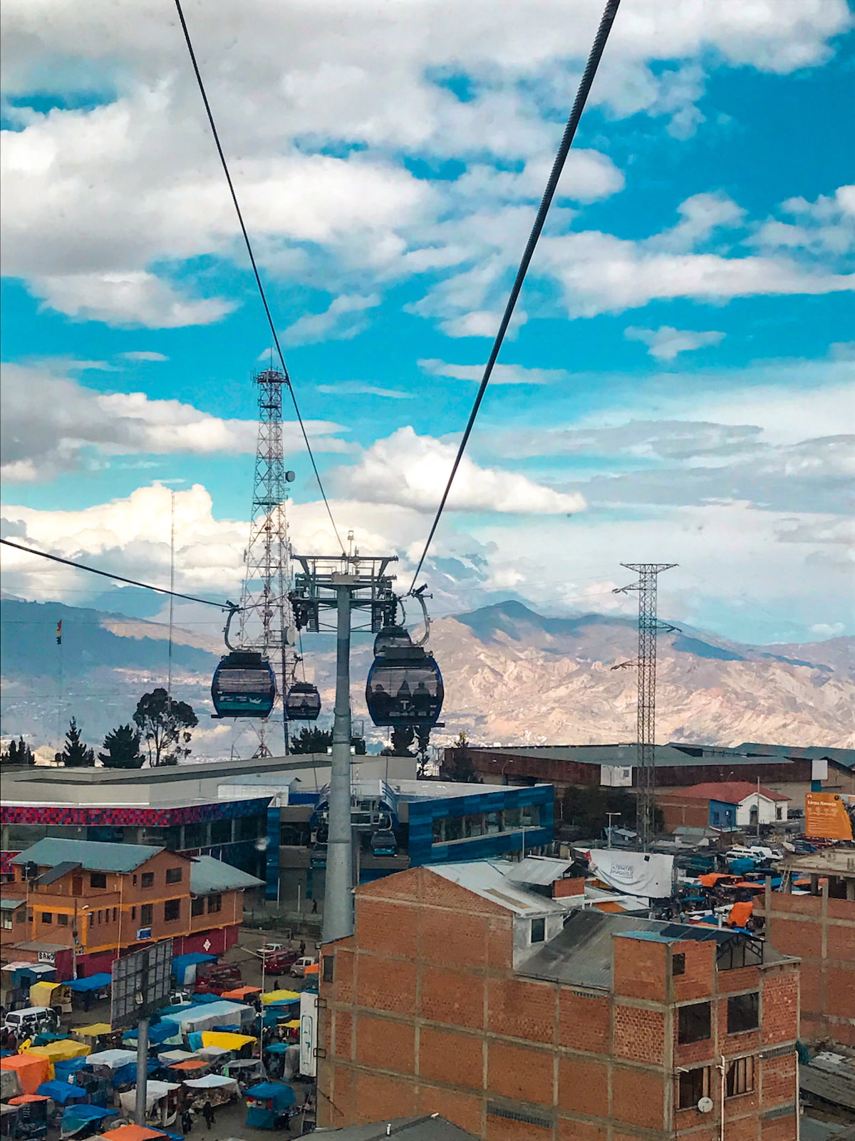 Cable cars high up above the mountains in La Paz, Bolivia.