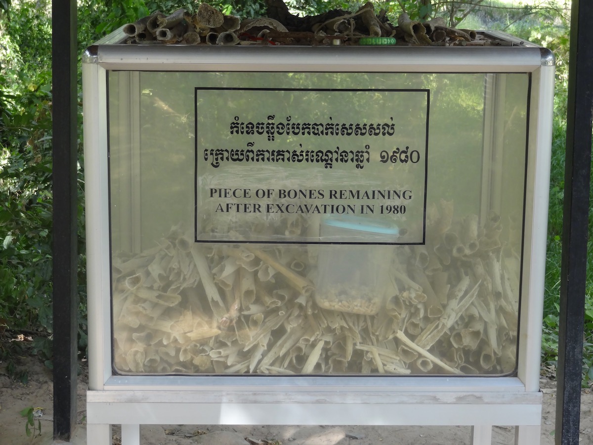 Pieces of bones remaining after excavation in Choeung Ek Genocidal Center in Phnom Penh, Cambodia