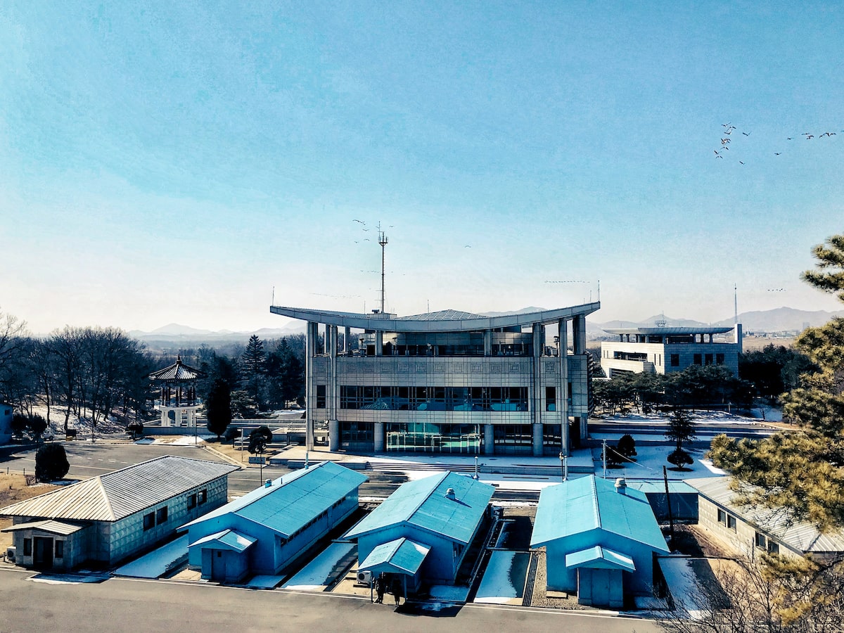 Blue building in the DMZ from the North Korea side of the zone