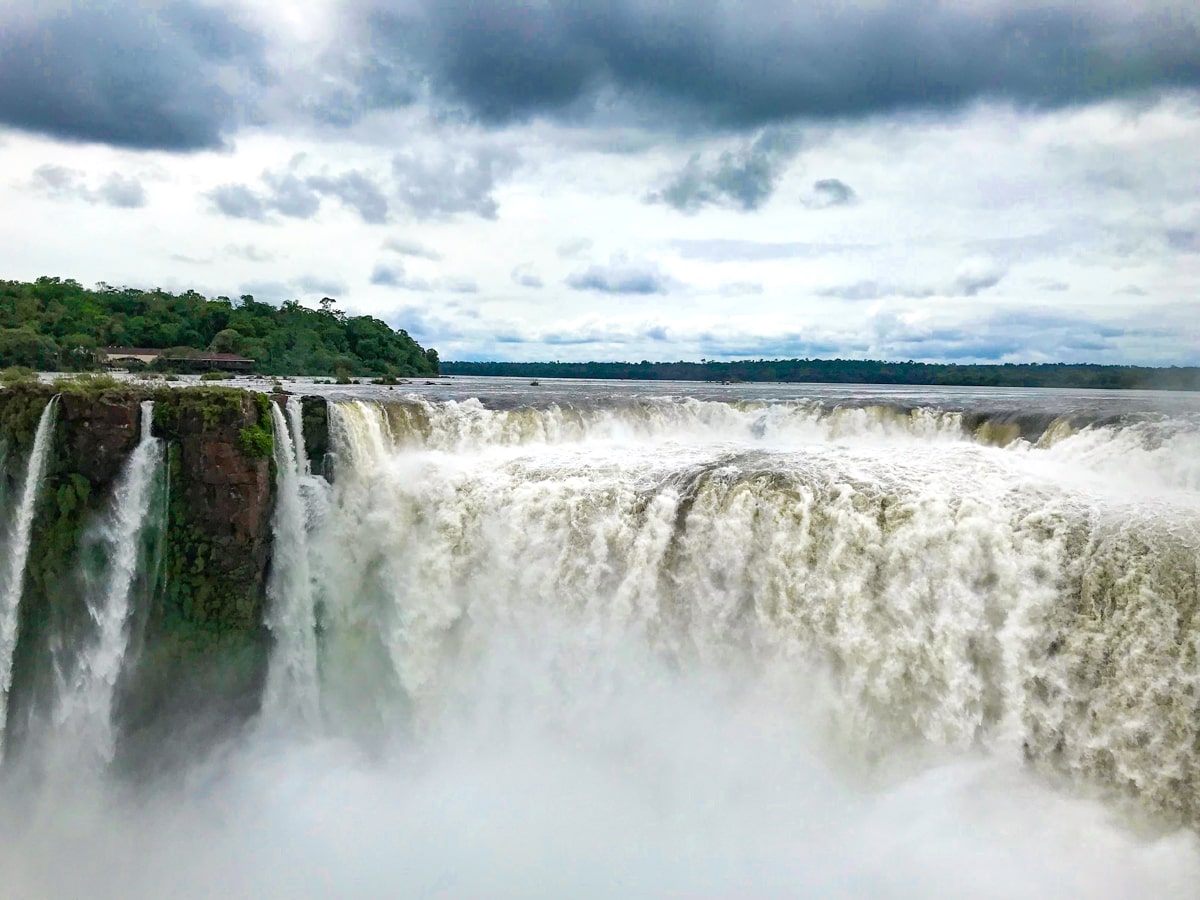 A giant waterfall in Iguazu Falls on a moody day in Argentina 