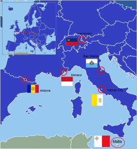 a map of the microstates of Europe with a flag for each country.