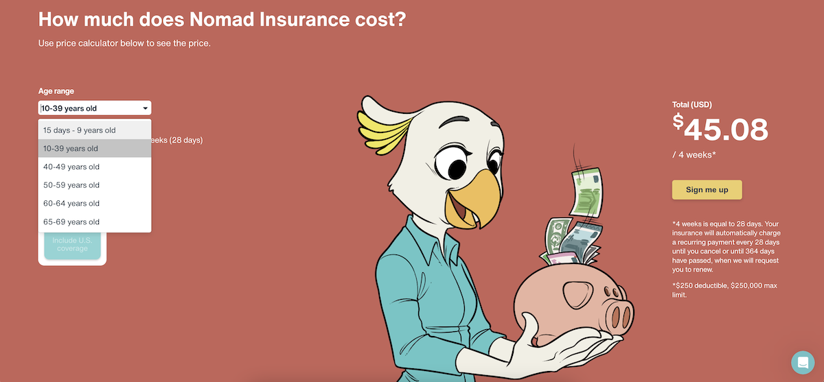 Nomad insurance costs for different ages 