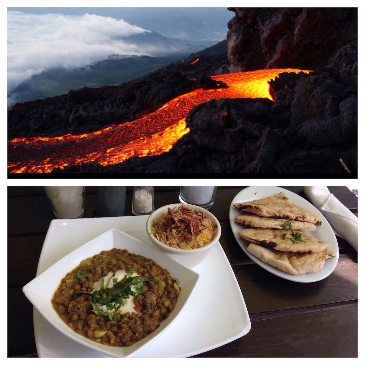 Indian food and a picture of an active volcano