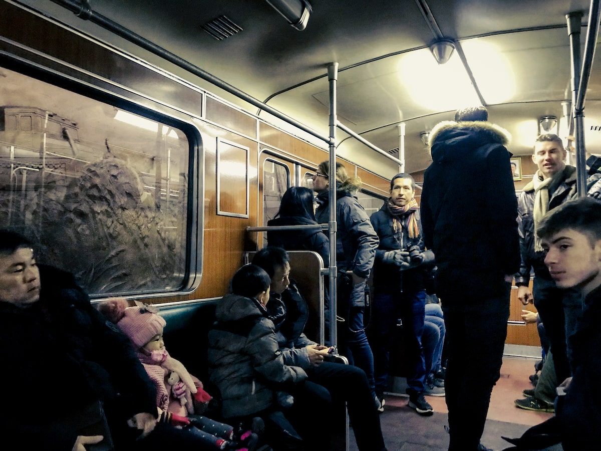 Inside a carriage of the Pyongyang Metro Station; a very surprisingly real experience of North Korea