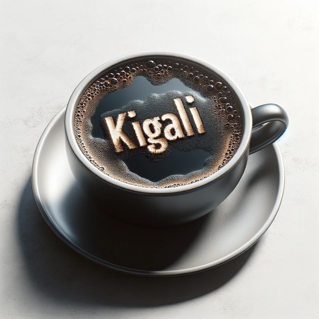 Black cup of coffee with the words "Kigali" in the centre