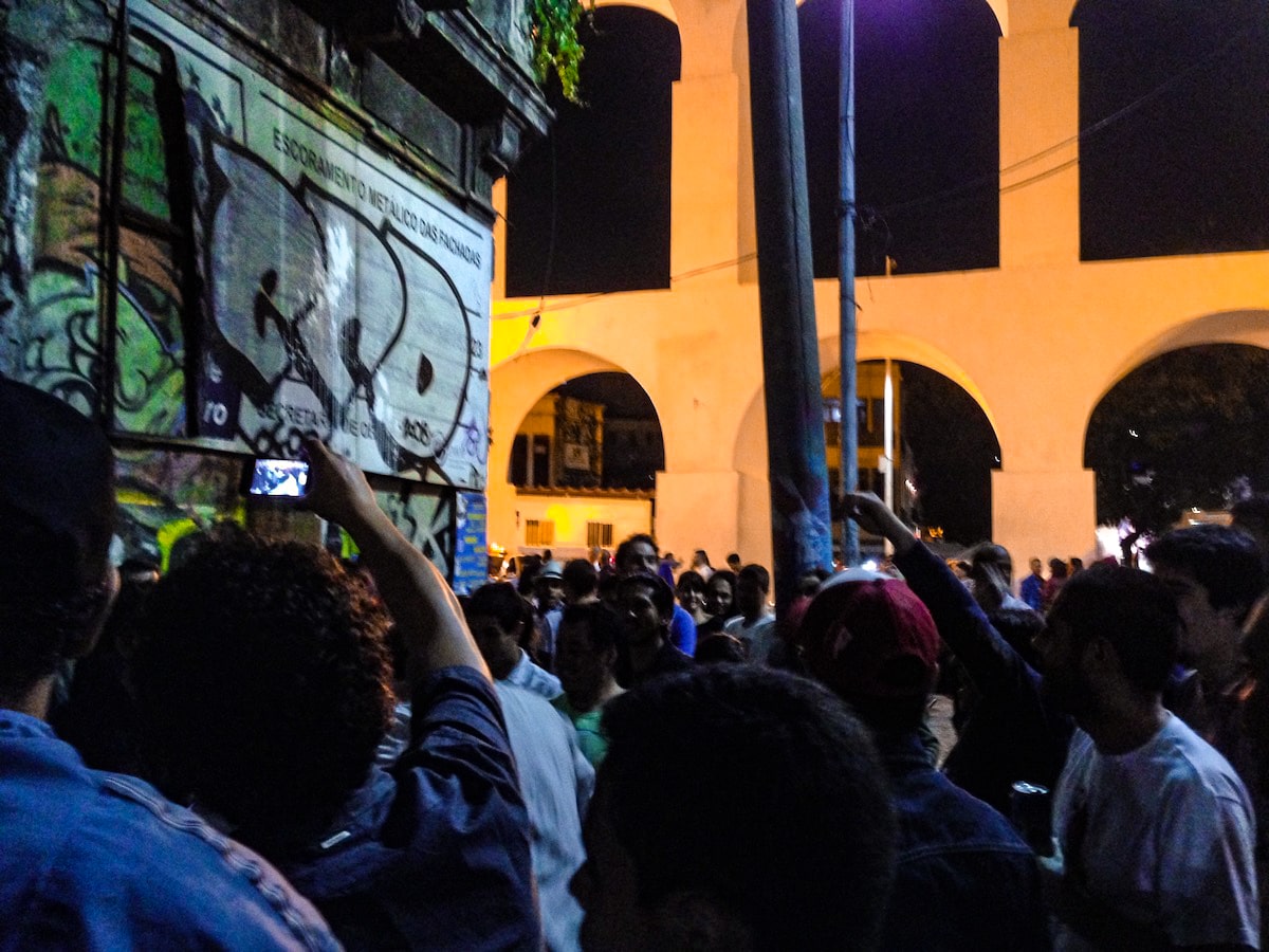 Crowded Samba street party at Arcos de Lapa in Rio de Janeiro, Brazil