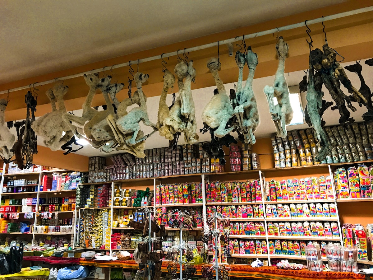 Llama fetuses hang from the ceiling of the Witches Market in La Paz, Bolivia.