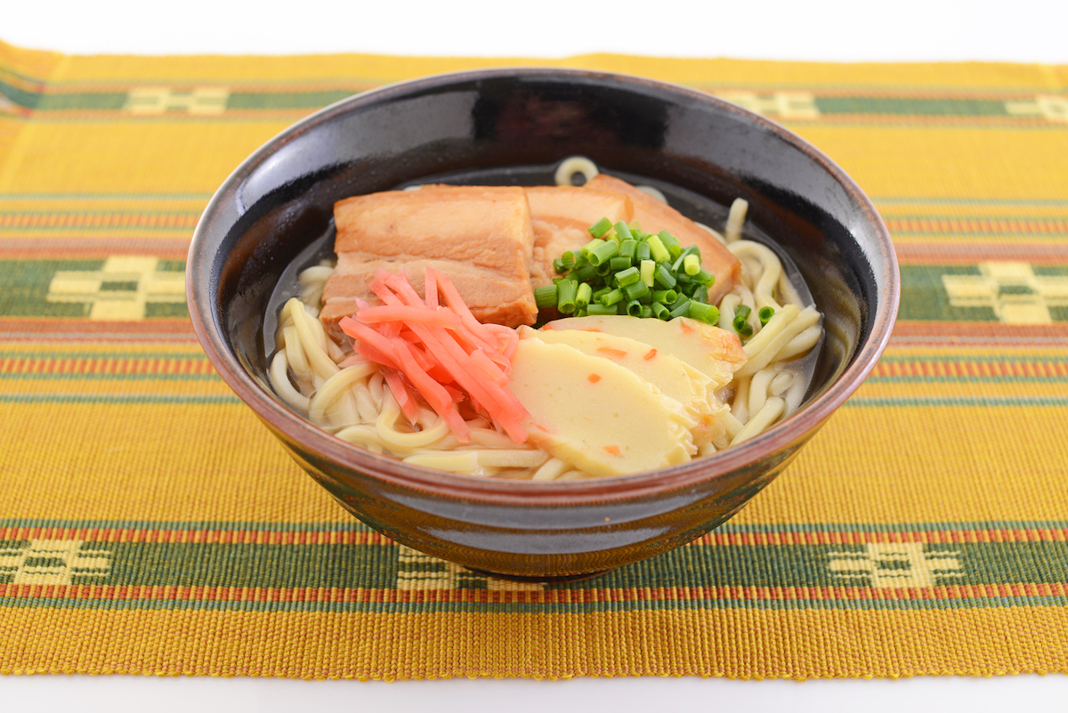 Okinawan soba noodles with pork meat and ginger in a bowl