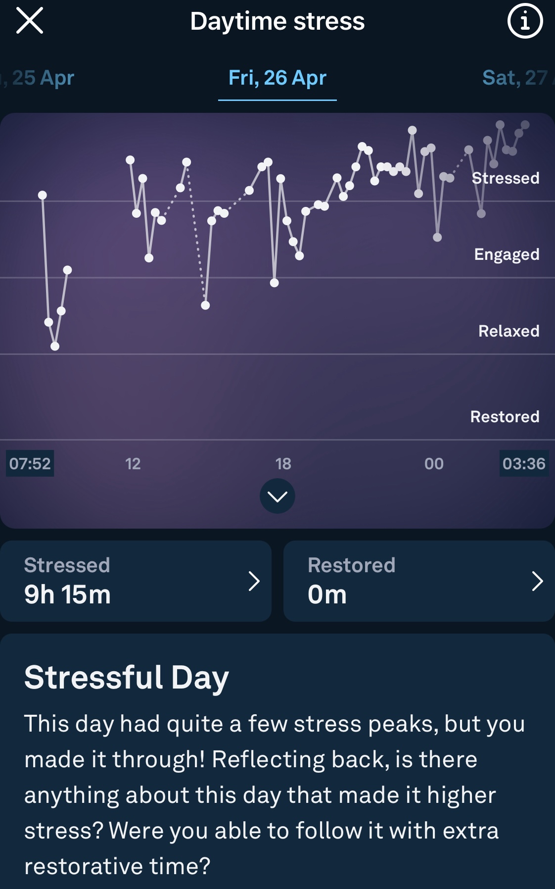 Numbers depicting a poor stress score on an Oura ring app