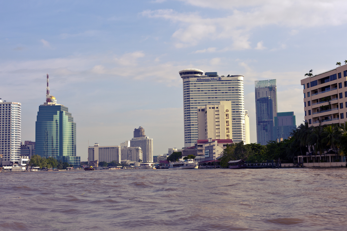 City landscape of Bangkok from the water