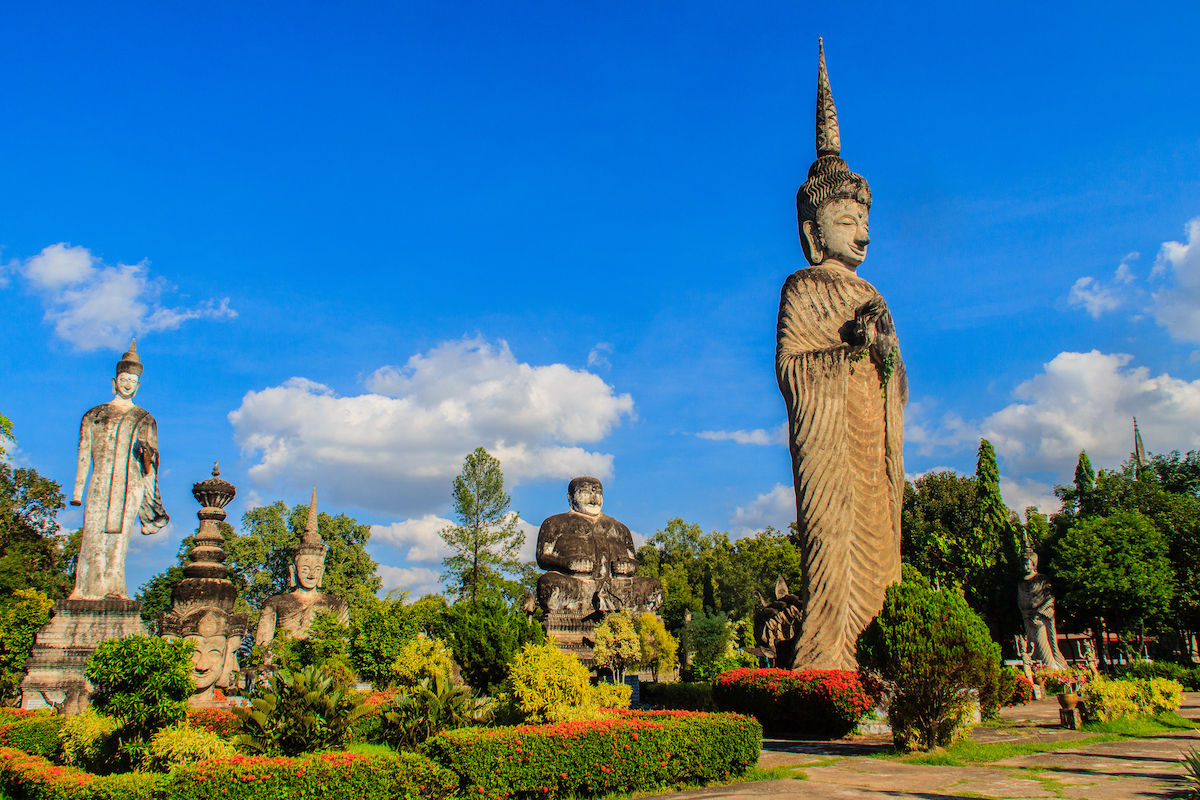 A park of giant fantastic concrete sculptures inspired by Buddhism and Hinduism