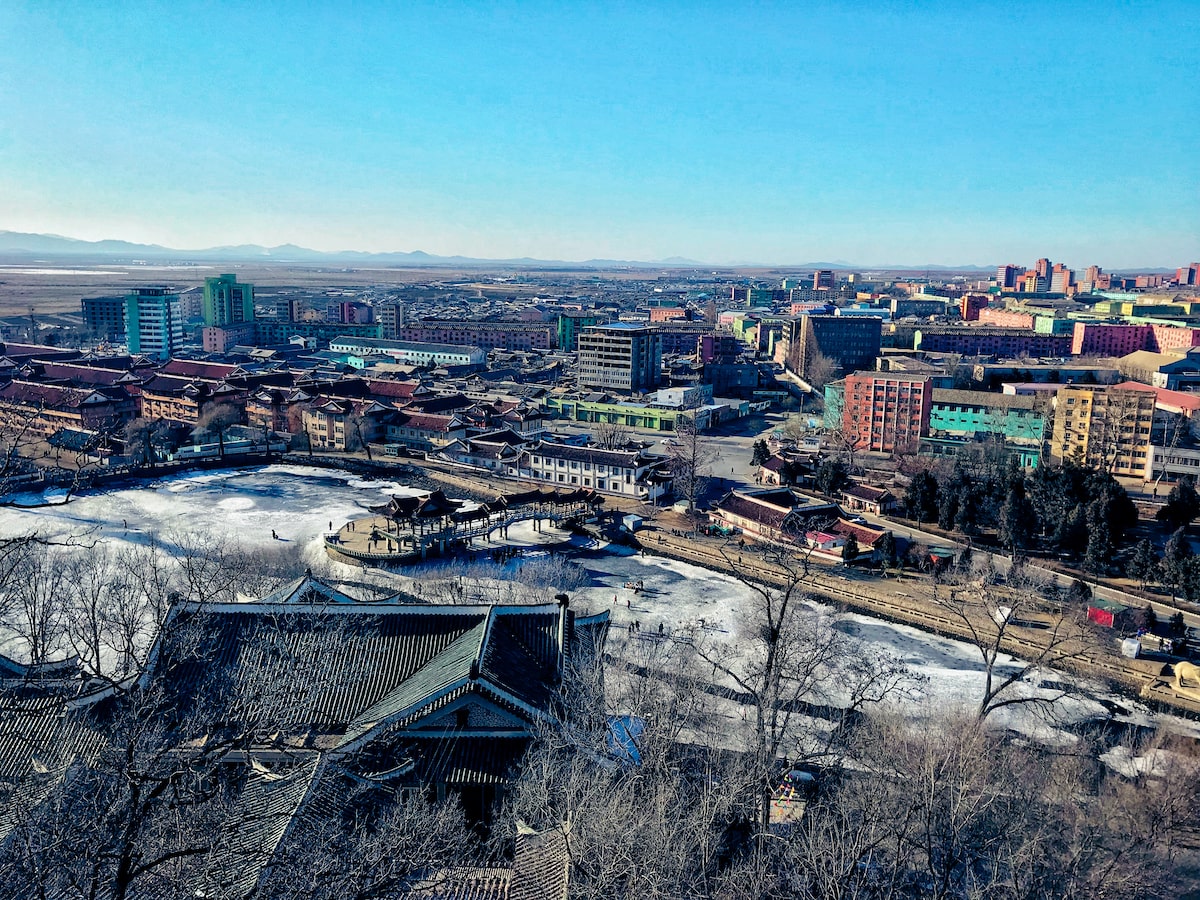 A view from high up of a city in North Korea, Sariwon on a cold winter's day