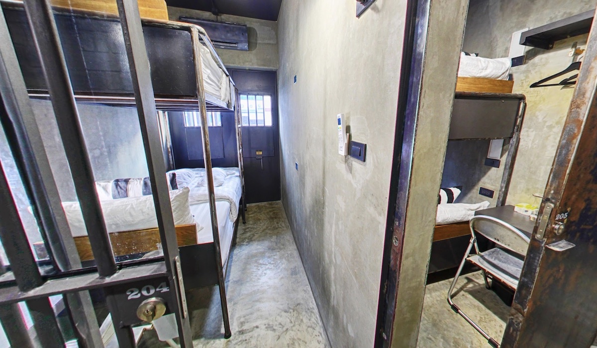 A view from inside a prison cell themed hotel room in Bangkok, Thailand. 