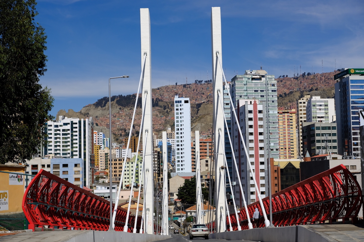 A bridge overlooks the busy neighbourhood of Sopocachi in La Paz, Bolivia.