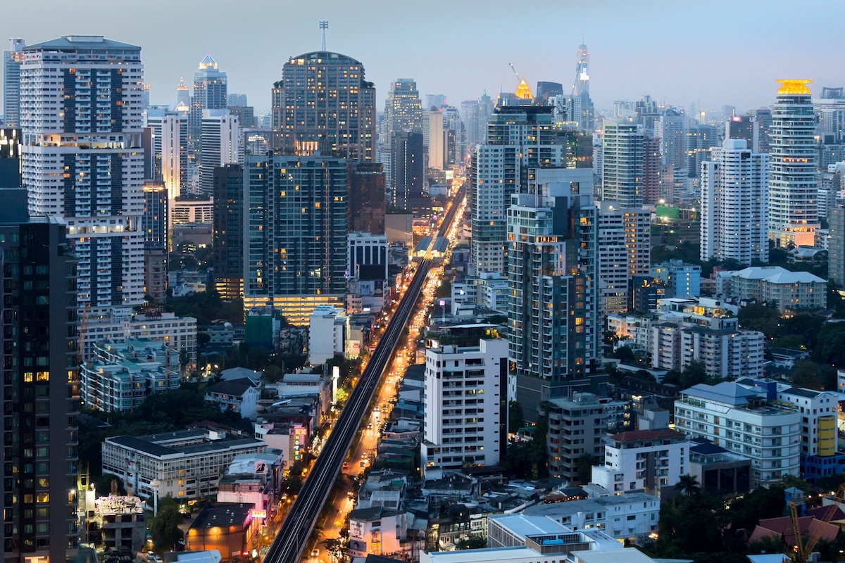 Bangkok city centre night view from rooftop on Sukhumvit Road