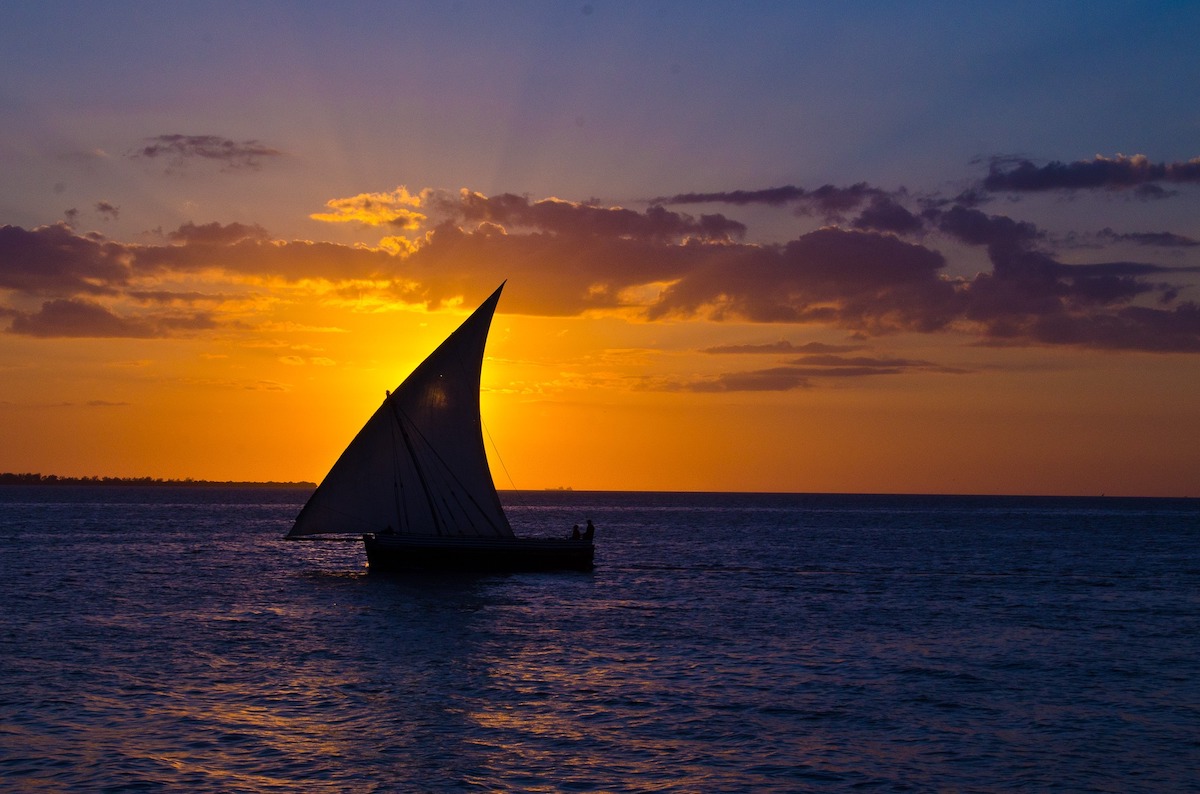 A dhow boat at sunset in Zanzibar, East Africa