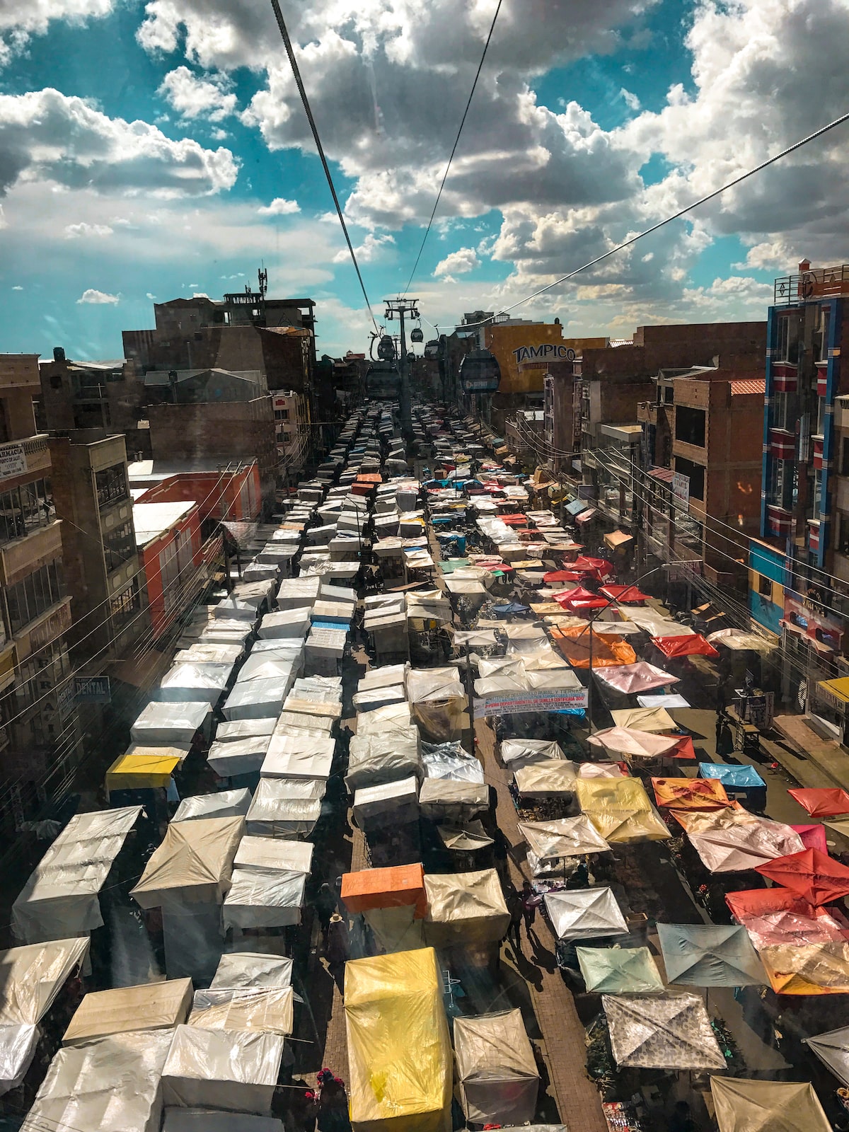 A bird's eye view of a large marketplace from a teleferico (cable car) in La Paz, Bolivia.