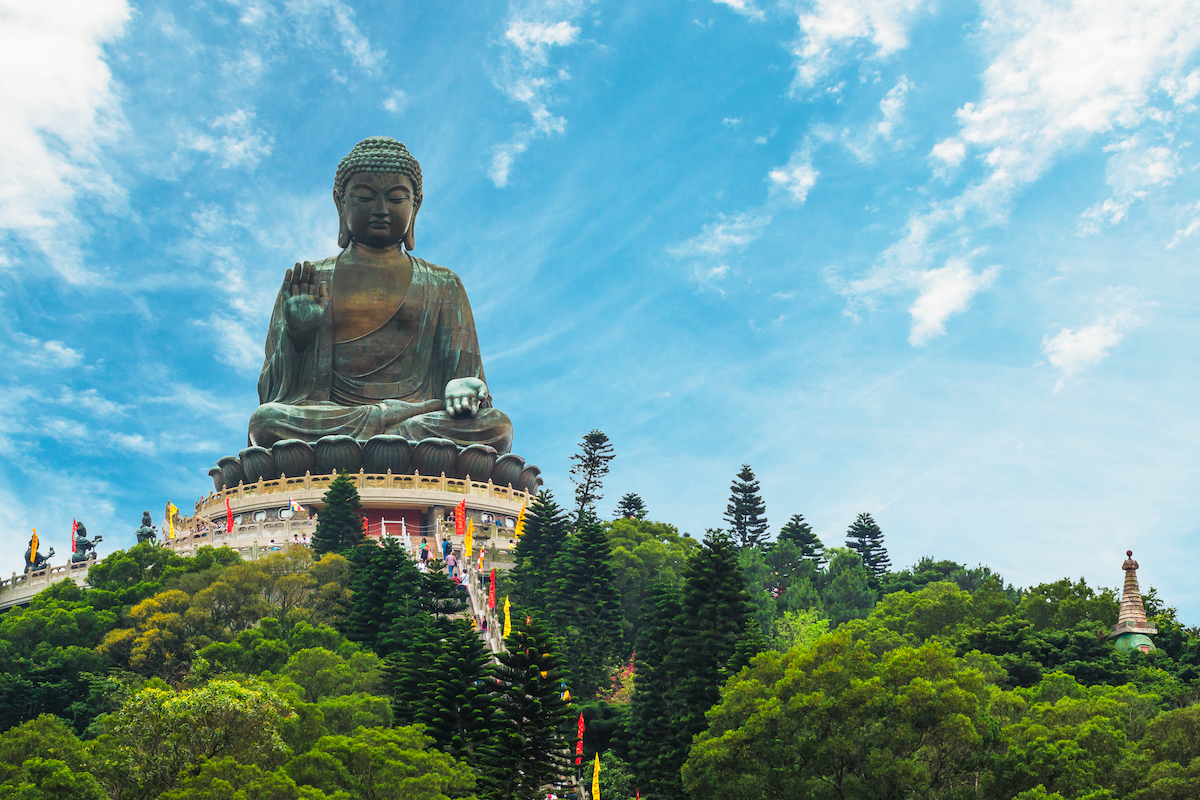 The enormous Tian Tan Buddha statue at Po Lin Monastery in Hong Kong