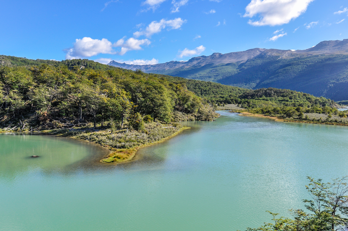 Lush green hills on a body of water in Tierra del Fuego National Park, Ushuaia, Argentina