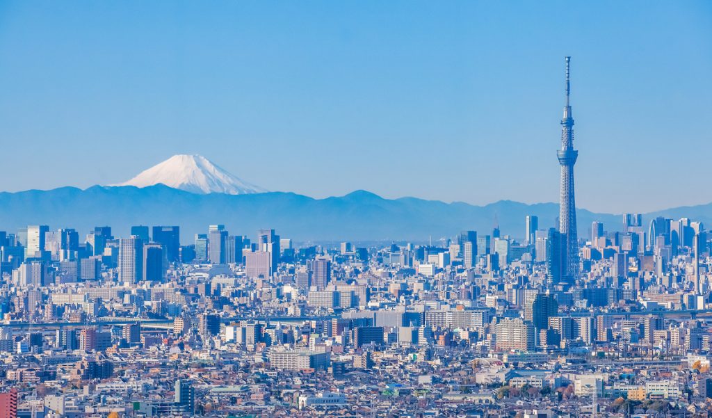 Tokyo city view with Tokyo sky tree and Mountain Fuji in background