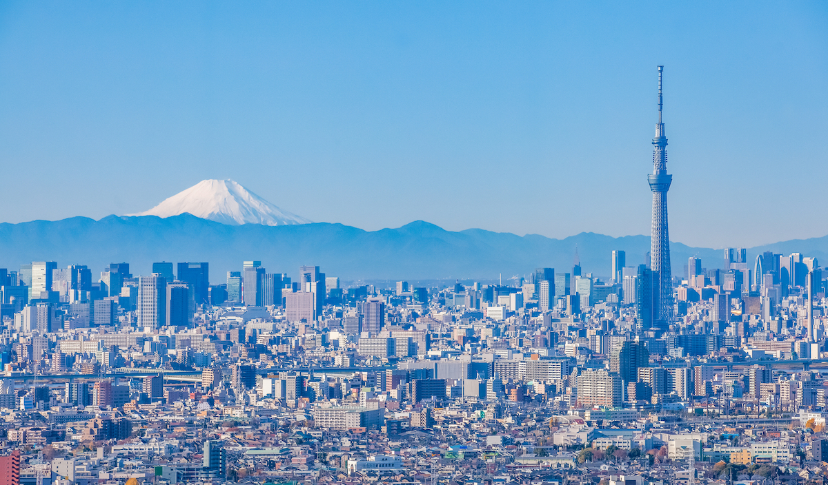 Tokyo city view with Tokyo sky tree and Mount Fuji in the background