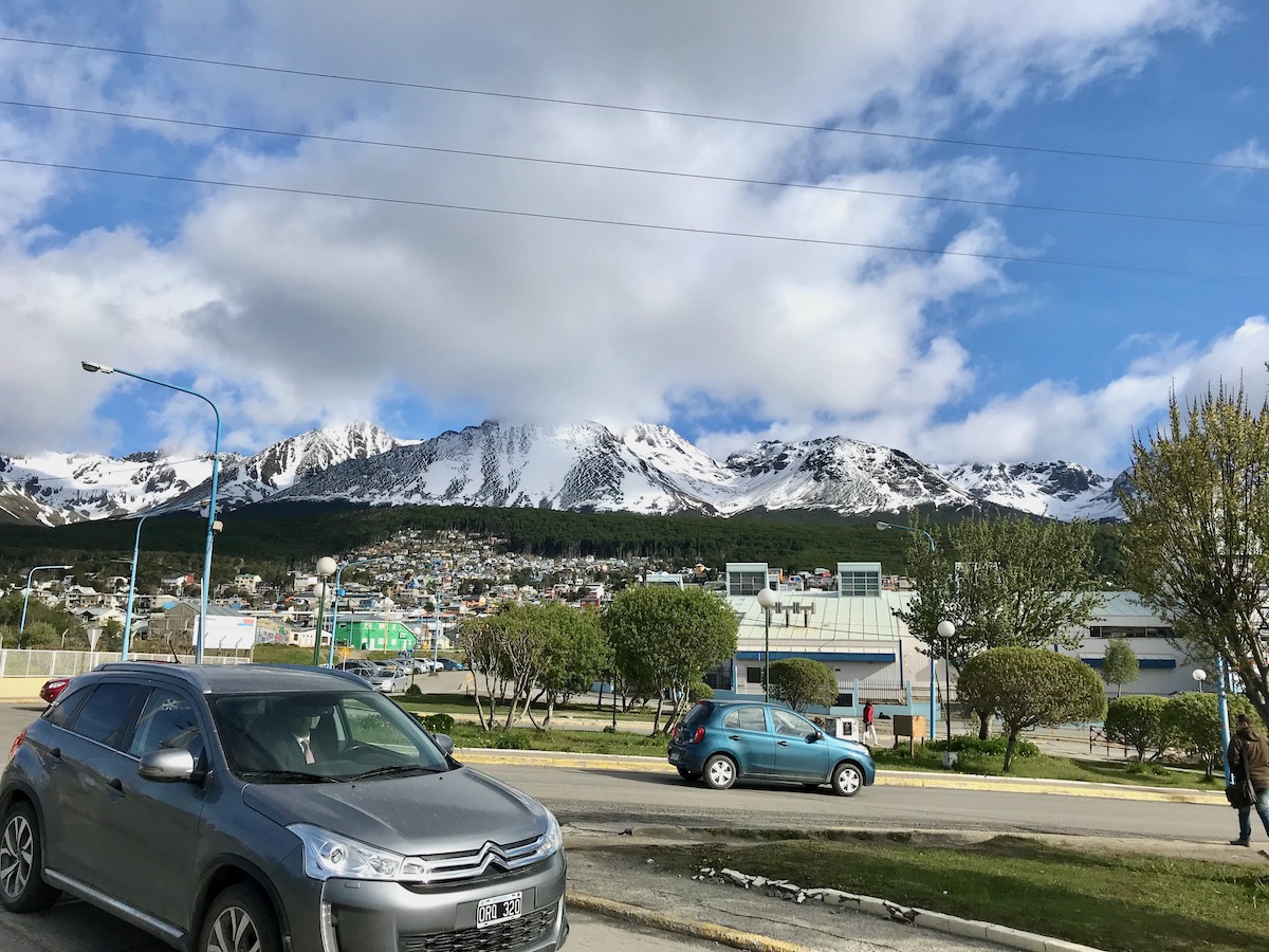 Cars pass through Ushuaia town centre