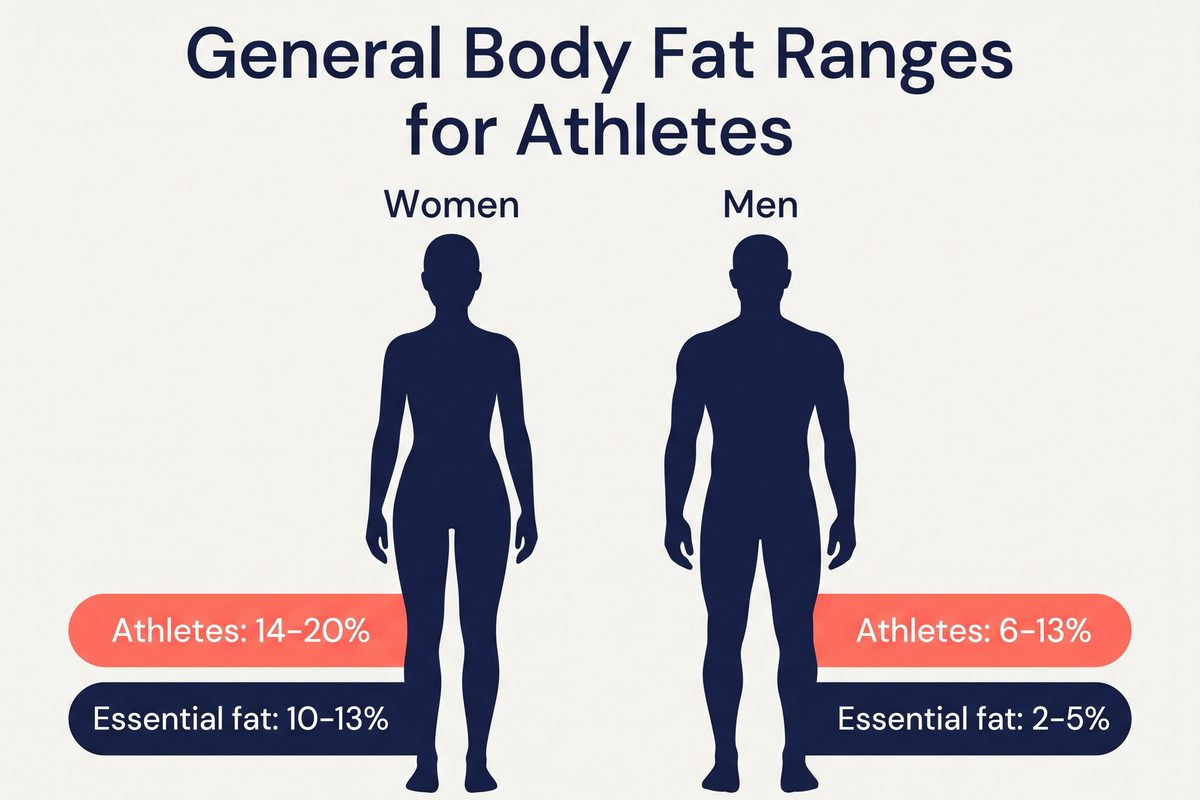 DEXA Scans for Athletes: What Your Body Composition Tells You | body fat ranges for women and men athletes Infographic of general body fat ranges for women and men athletes