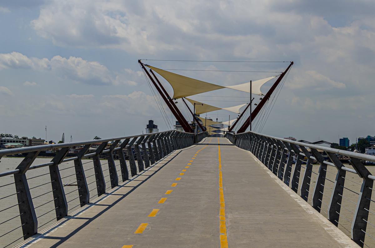 A pedestrian bridge over water in Guayaquil, Ecuador. 