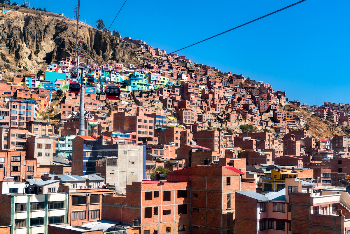 Cable car above the colourful Chualluma district of La Paz, Bolivia