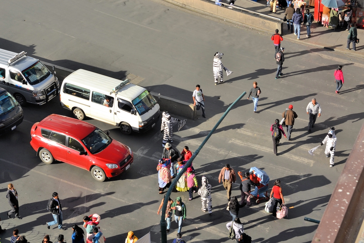 Workers dressed as Zebras teach citizens the right way to cross the street using a Zebra styled crosswalk in La Paz, the de facto capital city of Bolivia