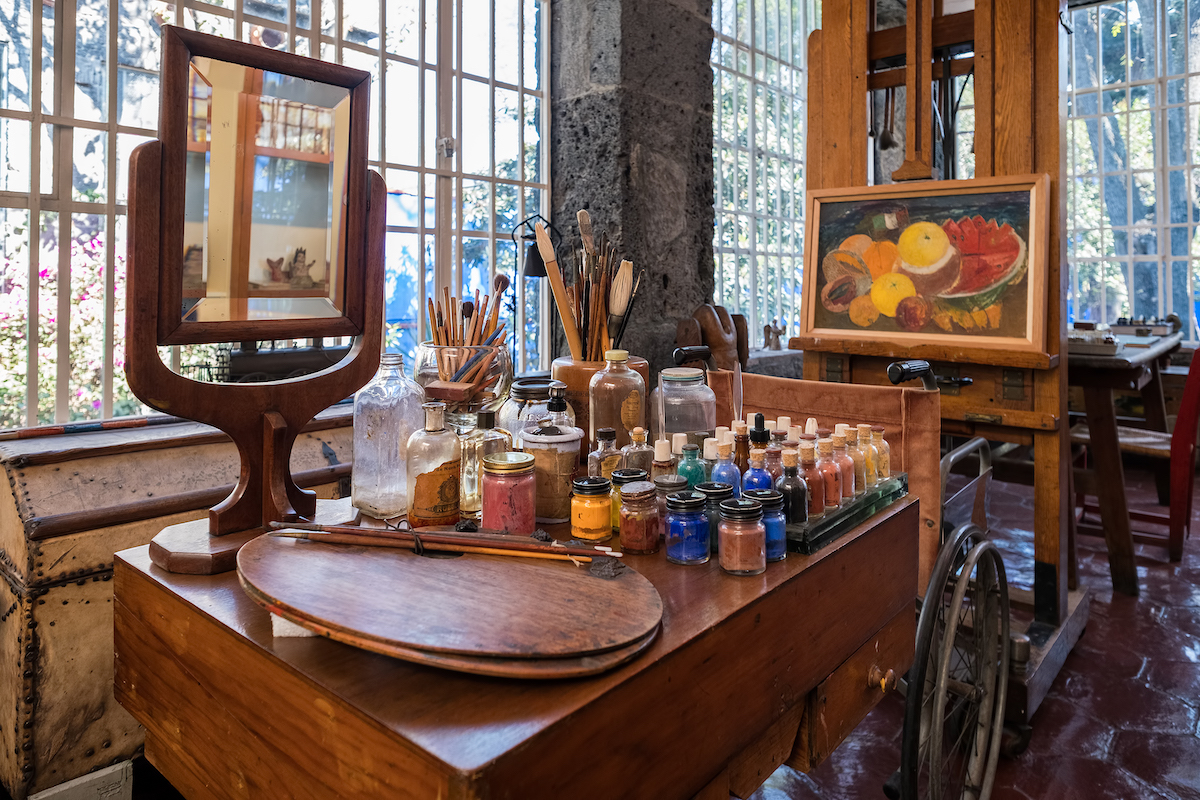 Frida Kahlo painting utensils at the Frida Kahlo Museum at Coyoacan in Mexico City.