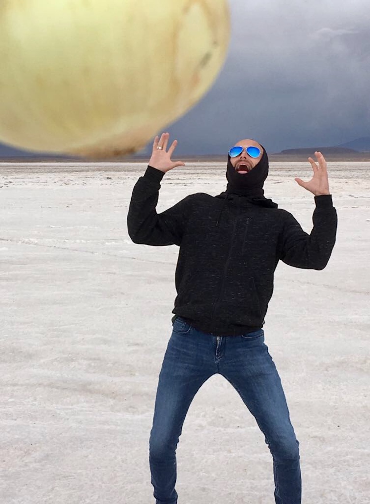 A man scared of a giant onion in Salar de Uyuni.