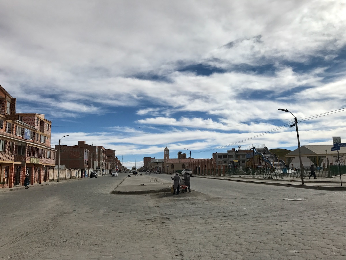 An empty town square during the day in Salar de Uyuni