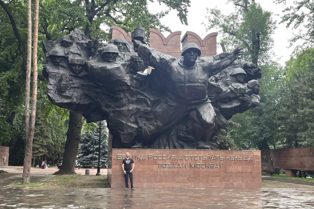 The bronze Memorial of Glory statue of soldiers in Panfilov Park, Almaty