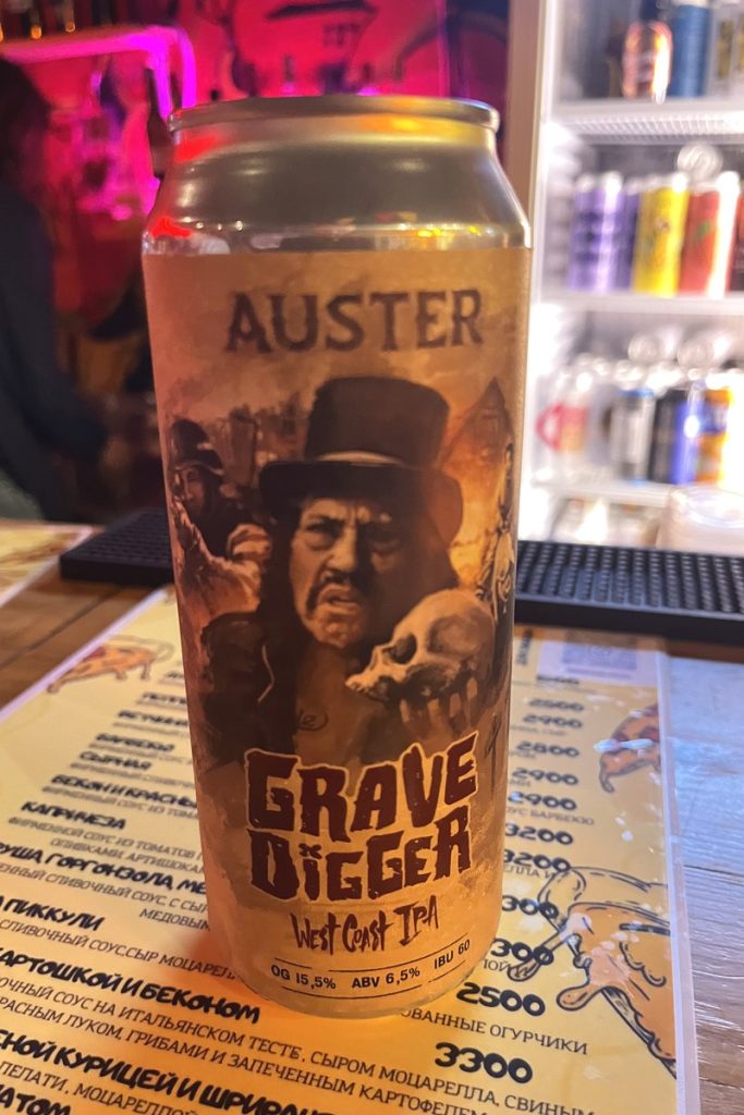 Can of Grave Digger West Coast IPA on the bar at Napitki Bar, Almaty