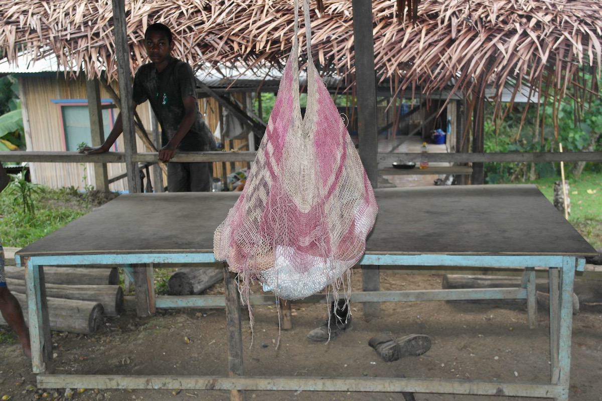 A baby rests in a hanging bag in the rainforest of Madang, Papua New Guinea