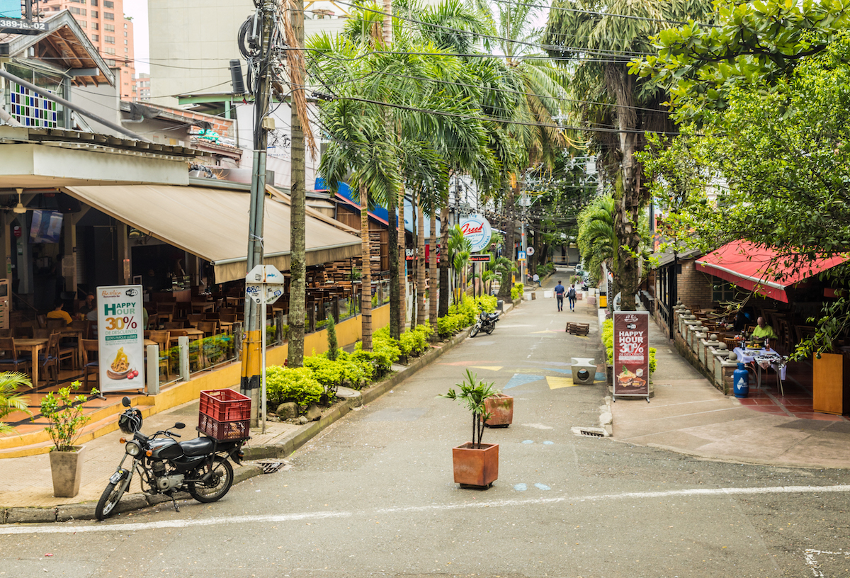 A view of some of the bars and restaurants in Lleras Park in Medellin Colombia